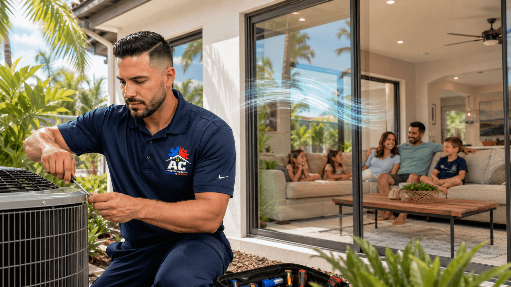 AC Professional technician repairing an outdoor air conditioning system in Southwest Florida