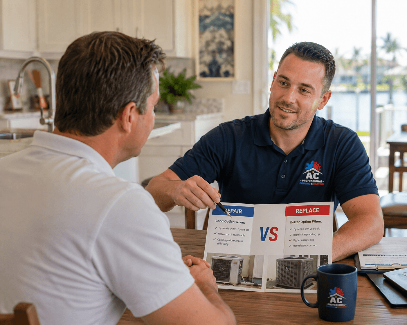 AC Professional technician explaining repair and replacement options to a homeowner