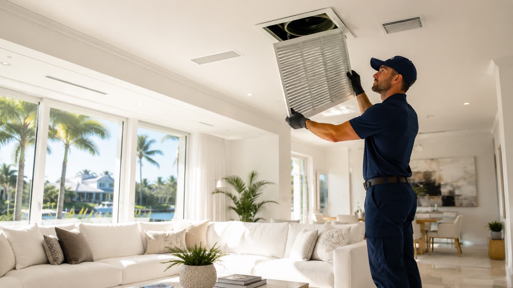 AC Professional technician cleaning a return vent during air duct cleaning service