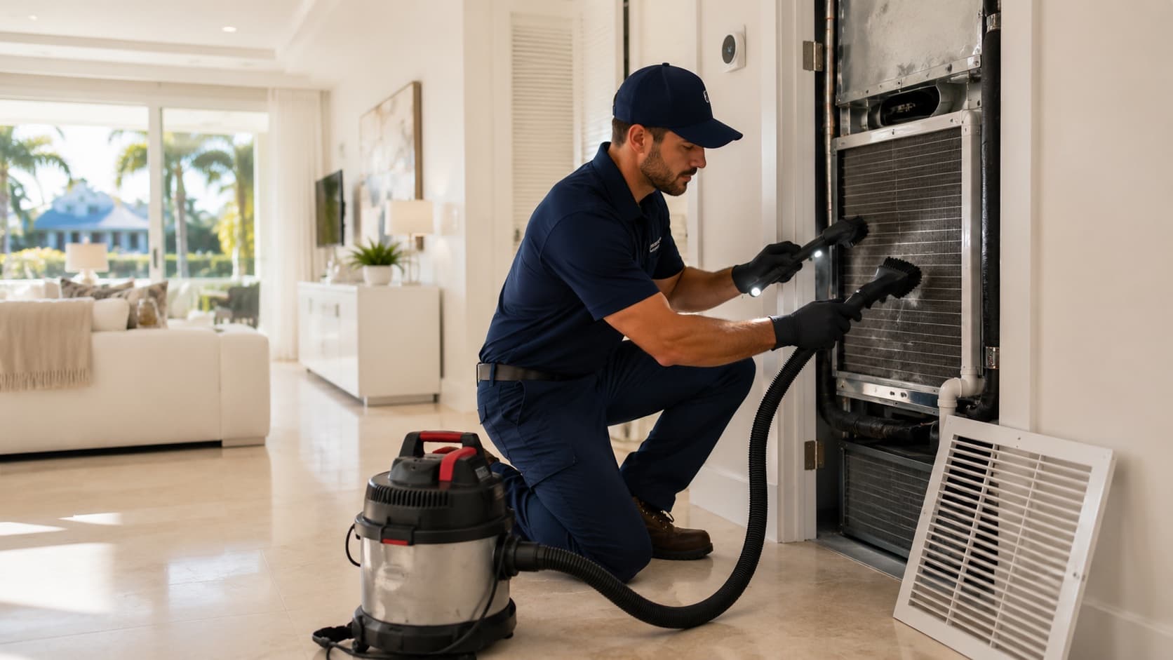 AC Professional technician deep cleaning indoor HVAC components