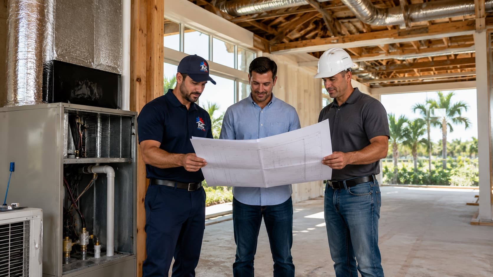 AC Professional reviewing new construction HVAC plans with a project team