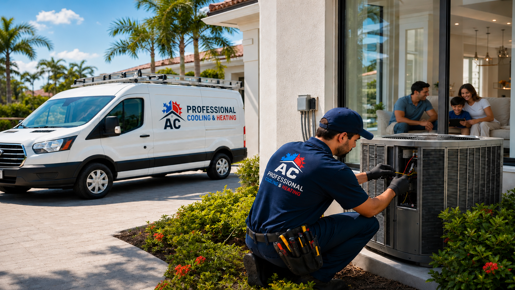 AC Professional technician servicing an outdoor AC system beside a branded service van in Southwest Florida