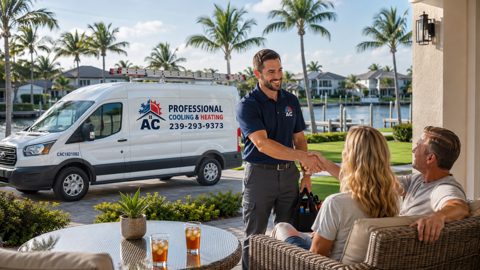 AC Professional technician greeting homeowners at an Estero waterfront home
