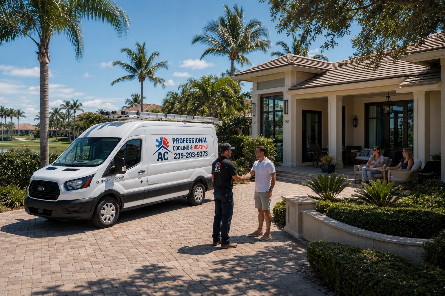 AC Professional technician greeting a homeowner at a Naples home
