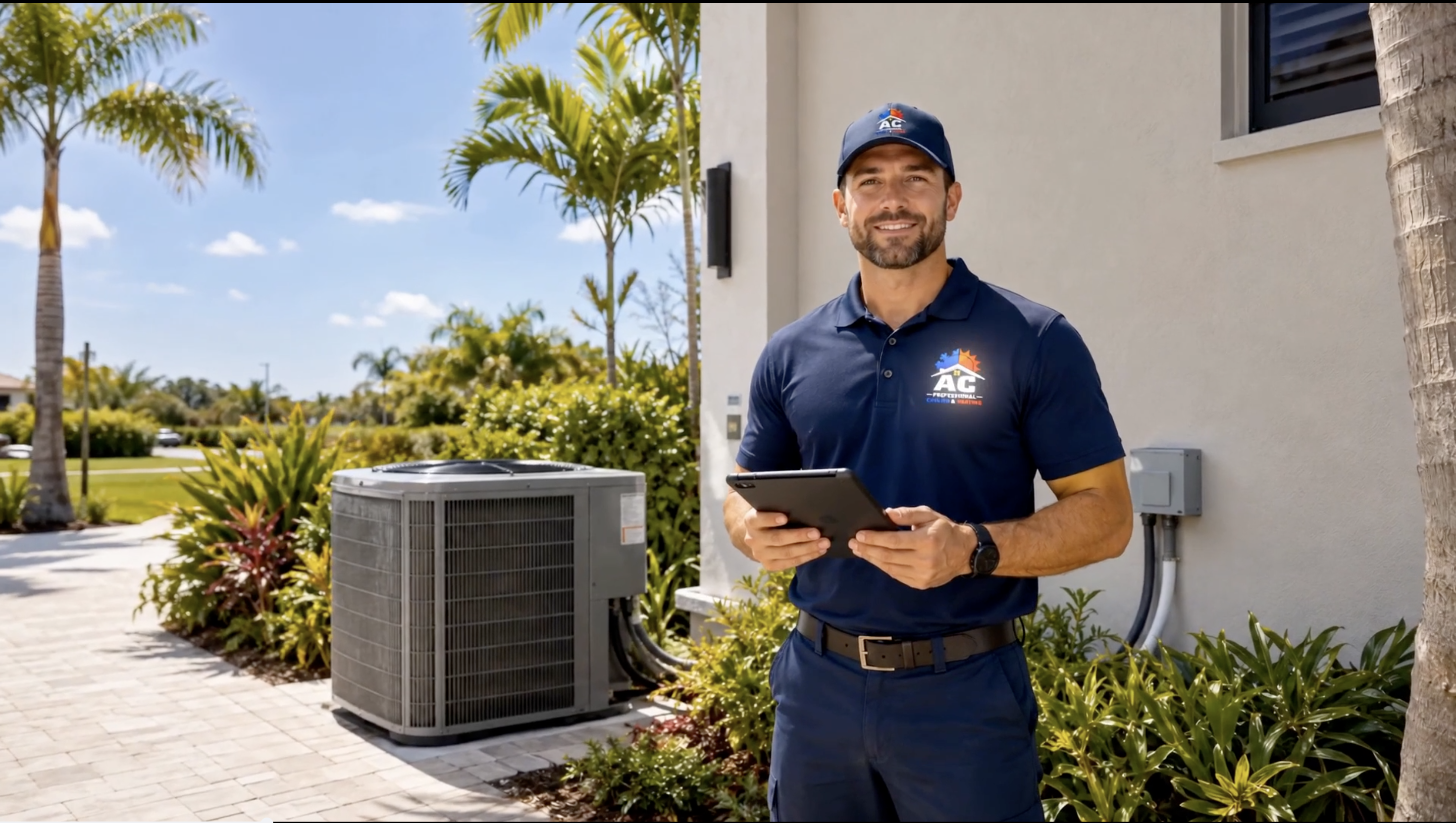 AC Professional technician beside a new AC system